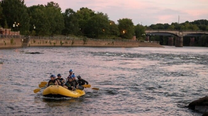 People river rafting on the Chattahoochee River.